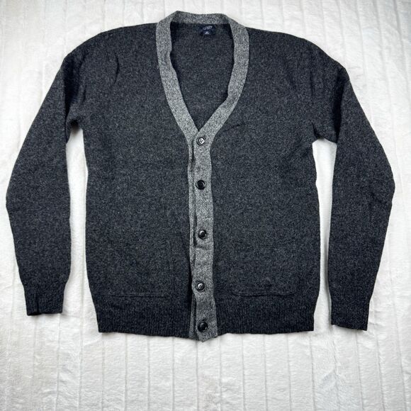 J Crew Lamb Wool Sweater Men's M Button Cardigan Contrast Trim Pockets Classic - Picture 1 of 12
